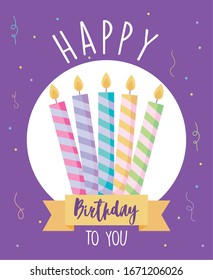 happy birthday design with birthday candles over purple background, colorful design, vector illustration