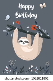 Happy Birthday design with cute baby sloth hanging on the tree. Unique hand drawn cartoon animal for greeting card, poster, banner. Vector illustration