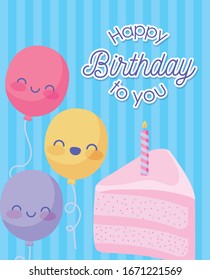 Happy birthday design with cute cartoon balloons and piece of cake with candle over blue background, vector illustration