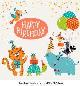 Happy birthday design with cute jungle animals.