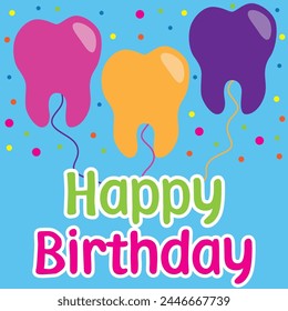 Diseño de feliz cumpleaños para dentistas, globos en forma de molar y signo de feliz cumpleaños