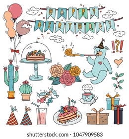 Happy birthday design elements collection with doodle style colorful vector illustration drawings. Celebration set. 