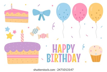 happy birthday design elements, party set of objects, celebration, anniversary, decoration, balloons, cake, candles, candy, confetti, cupcake, slice of cake, muffin, bowknot, vector illustration