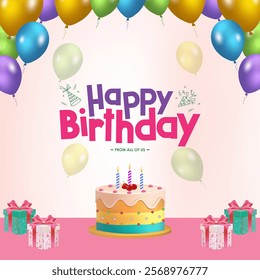 Happy Birthday Design Featuring 'Happy Birthday to You' Text with Balloons, Cake, and Giftbox on light pink background. ideal for Birthday Celebration Greeting Cards and Invitations