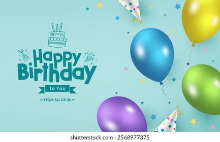 Happy Birthday Design Featuring 'Happy Birthday to You' Text with Balloons, Cake, and HBD hats on green background. Ideal for Birthday Celebration Greeting Cards and HBD Invitations