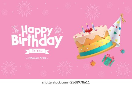 Happy Birthday Design Featuring 'Happy Birthday to You' Text with Cake, HBD Hats, Giftboxes and Fireworks Pink background , Perfect for Birthday Celebration, Greeting Cards and HBD Invitations