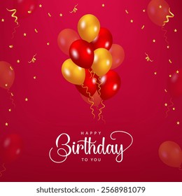 Happy Birthday Design Featuring 'Happy Birthday to You' Text with orange and red color balloons and confetti on red background , Perfect for Birthday Celebration, Greeting Cards and HBD Invitations