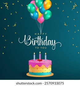 Happy Birthday Design Featuring 'Happy Birthday to You' Text with colorful balloons, cake and confetti on green background. Ideal for Birthday Celebration, Greeting Cards and HBD Invitations