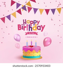 Happy Birthday Design Featuring 'Happy Birthday to You' Text with colorful balloons, flags and cake on light pink background. Ideal for Birthday Celebration, Greeting Cards and HBD Invitations