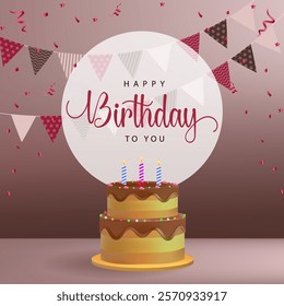 Happy Birthday Design Featuring 'Happy Birthday to You' Text with colorful hanging flags and cake on brown chocolate background. Ideal for Birthday Celebration, Greeting Cards and HBD Invitations