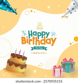 Happy Birthday Design Featuring 'Happy Birthday to You' Text with HBD hats, giftbox and cake on white background. Ideal for Birthday Celebration, Greeting Cards and HBD Invitations