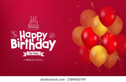 Happy Birthday Design Featuring 'Happy Birthday to You' Text with orange and red color balloons and confetti on red background , Perfect for Birthday Celebration, Greeting Cards and HBD Invitations