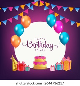 Feliz aniversário Design com 'Feliz aniversário para você' Texto com balões coloridos, bandeiras e bolo no fundo gradiente roxo. Ideal para comemoração de aniversário, cartões de felicitações e convites HBD