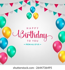 Feliz aniversário Design com 'Feliz aniversário para você' Texto com balões coloridos, bandeiras sobre fundo claro. Ideal para comemoração de aniversário, cartões de felicitações e convites HBD