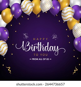 Feliz aniversário Design com 'Feliz aniversário para você' Texto com balões coloridos, bandeiras sobre fundo roxo. Ideal para comemoração de aniversário, cartões de felicitações e convites HBD
