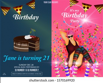 Happy birthday design. Foil confetti, birthday cake, girl, candles on colorful background. Vector fun decoration. Design for greeting card, invitation