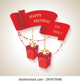 Happy Birthday design with gift boxes and red ribbon