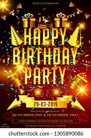 Happy birthday design - Golden foil confetti, birthday cake, Birthday hats, glitter golden birthday gift wraps on glitter background. Vector fun decoration. Design for greeting card and invitation.