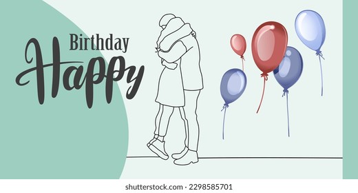Happy Birthday design for greeting card with colored balloons. Minimal design templtate card. Vector outline illustration