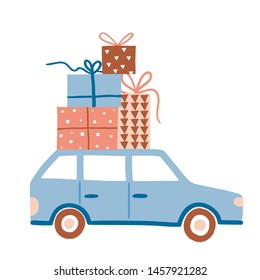 Happy birthday design with lettering. Cute hand drawn car full of present boxes on roof rack. Flat vector illustration for banner, print, greeting card. Festive holiday gifts. Hand written tipography