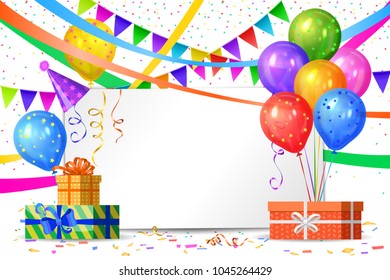 Happy Birthday design. Realistic colorful helium balloons, gift boxes, flags garlands and white sheet. Party decoration frame for birthday, anniversary, celebration. Vector illustration, eps 10