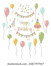 Happy birthday design set with balloons cake and decorations, balloons, cake vector illustration