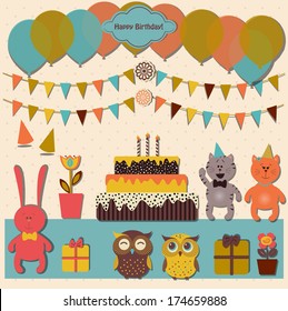  Happy birthday design set. Scrapbooking elements for Party invitation, greetings card and festive cute design