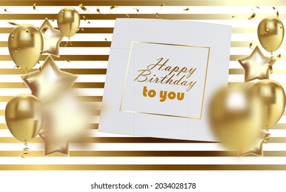 Happy birthday design. White and golden glitter balloons, calligraphy inscription. Vector illustration