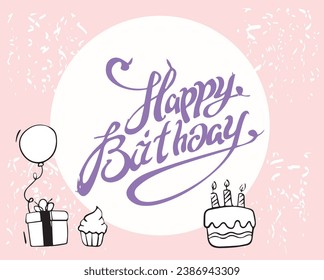 Happy birthday design.pink and white with white balloon and cake.