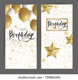 Happy birthday design.White and golden glitter balloons or golden stars and calligraphy on the doodle background. Vector illustration
