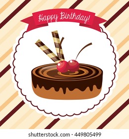 Happy birthday and dessert concept represented by cake over seal stamp icon. Colorfull and flat illustration. Striped background