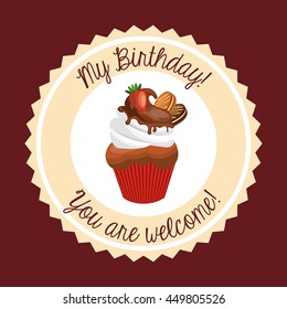 Happy birthday and dessert concept represented by cupcake icon over seal stamp. Colorfull and flat illustration. 