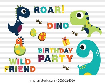 happy birthday dino, birthday poster with dinosaur, vector illustration with caption