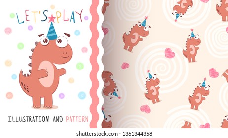 Happy Birthday dinosaur - seamless pattern. Hand draw