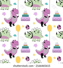 Happy birthday dinosaurs seamless pattern. Colorful characters with balloons, cakes and confetti on white background. Hand drawn vector wrapping paper template. EPS