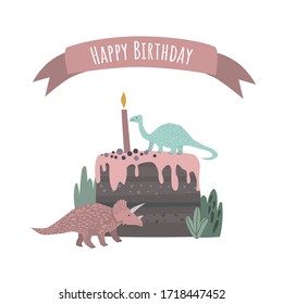 Happy birthday diosaurs and birthday cake with candle. Beautiful vector stylish greeting card template for baby girl.