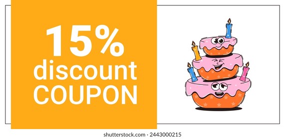 Happy birthday discount coupon in retro groovy style. Funky vintage character and mascot with psychedelic smile. Vector illustration 