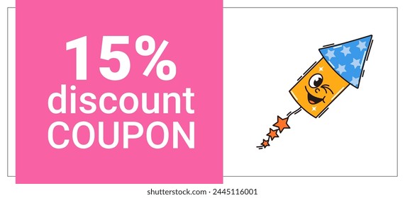 Happy birthday discount coupon in retro groovy style. Funky vintage character and mascot with psychedelic smile. Vector illustration 