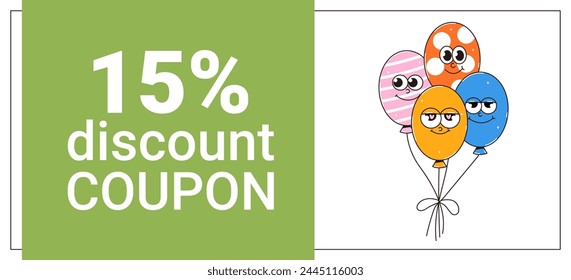 Happy birthday discount coupon in retro groovy style. Funky vintage character and mascot with psychedelic smile. Vector illustration 