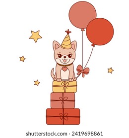 Happy birthday! Dog and balloon, gift box, hat. Holiday design. Birthday background. Vector illustration