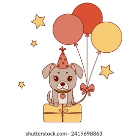 Happy birthday! Dog and balloon, gift box, hat. Holiday design. Birthday background. Vector illustration