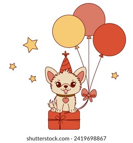 Happy birthday! Dog and balloon, gift box, hat. Holiday design. Birthday background. Vector illustration