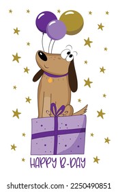 Happy Birthday - dog with balloons and gift box. Good for greeting card, poster, label, textile print and other gifts design.