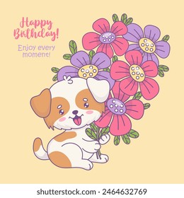 Happy birthday dog with bouquet of flowers. Holiday cartoon kawaii character animal puppy with slogan congratulations. Vector illustration. Kids collection