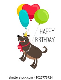 Happy birthday dog card. Cartoon birthday holiday poster with cute happy dog pet on balloons vector illustration