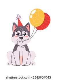 Happy birthday dog holding balloons