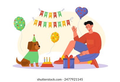 Happy birthday dog. Man gives his pet food and balloons. Owner celebrates birthday with puppy. Love, generosity and kindness to animal. Cartoon flat vector illustration isolated on white background