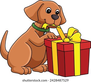 Happy Birthday Dog with a Present Cartoon Clipart 