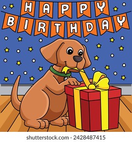 Happy Birthday Dog with a Present Colored Cartoon