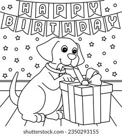 Happy Birthday Dog with Present Coloring Page